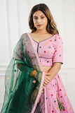 Pink Green Cotton Silk Lehenga