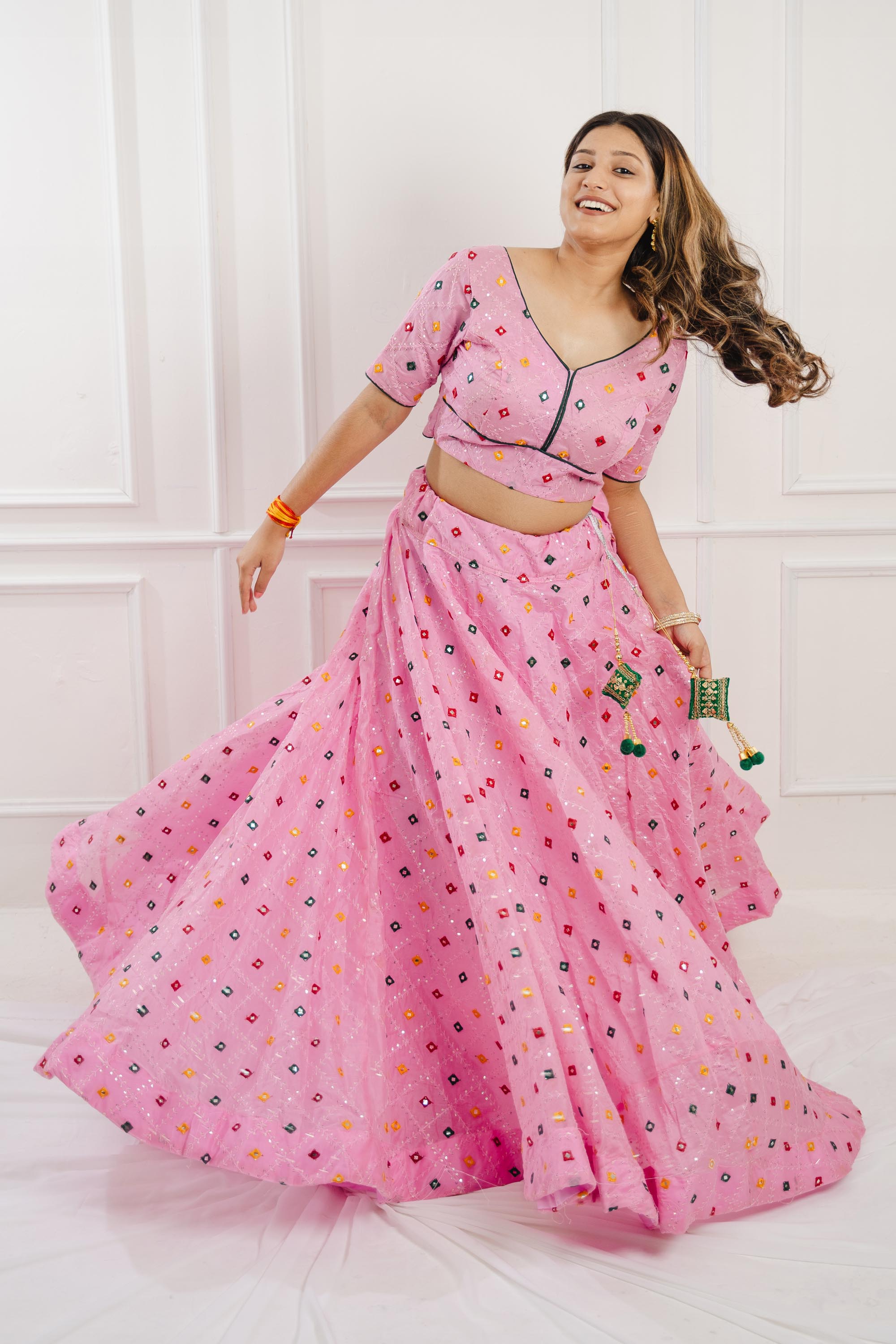 Pink Green Cotton Silk Lehenga