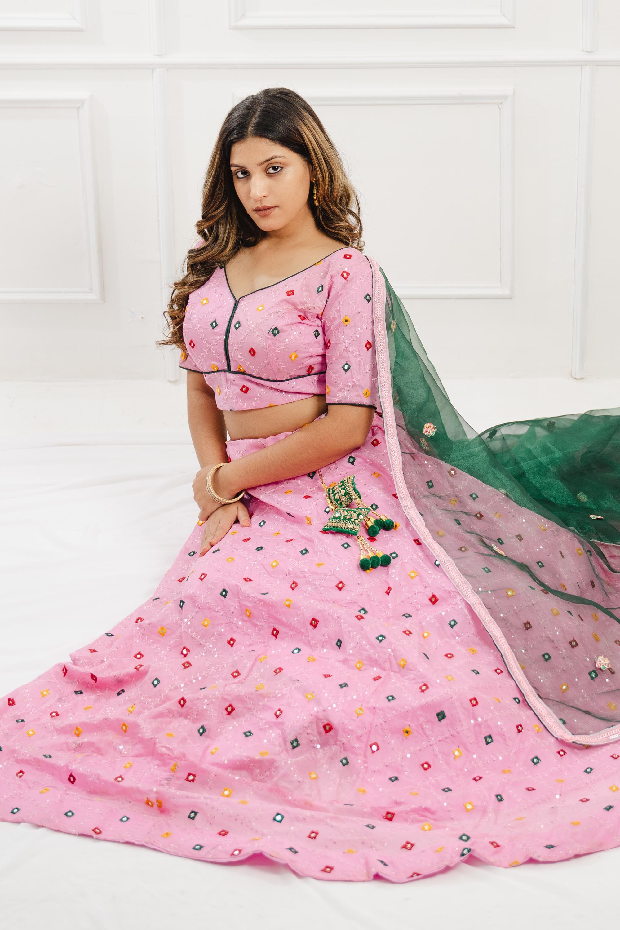 Pink Green Cotton Silk Lehenga