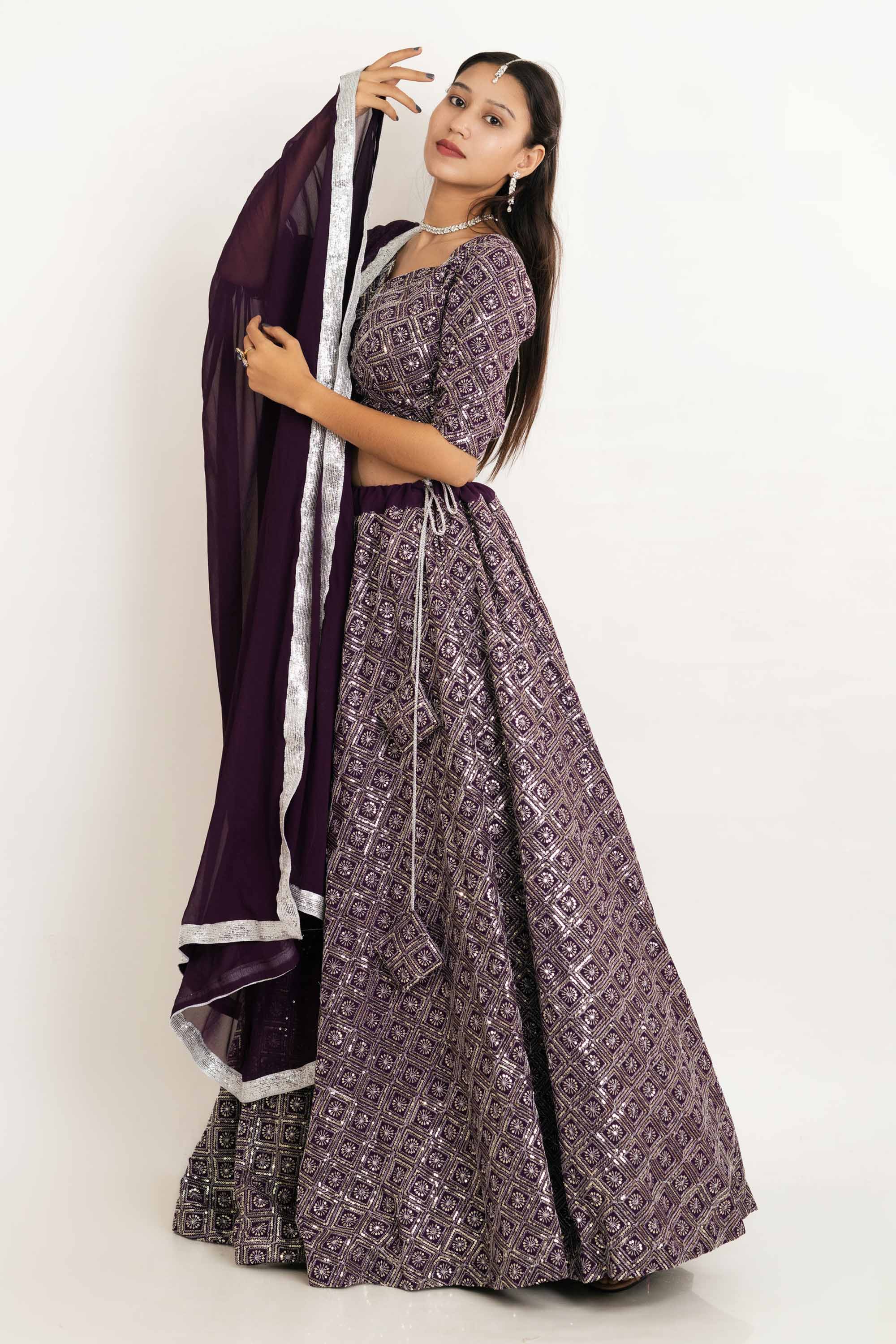 Wine Short Georgette Sequence Lehenga