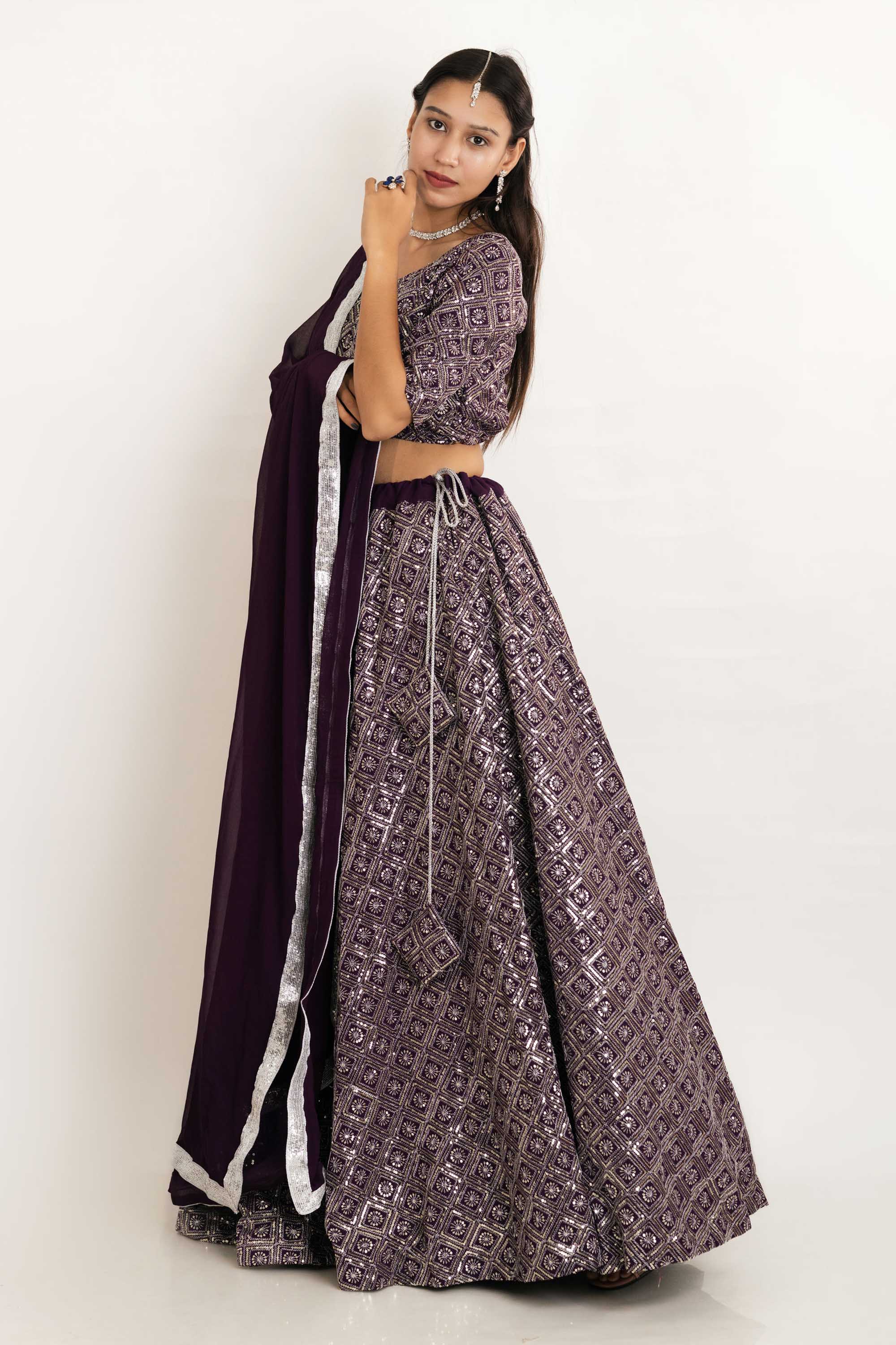 Wine Short Georgette Sequence Lehenga