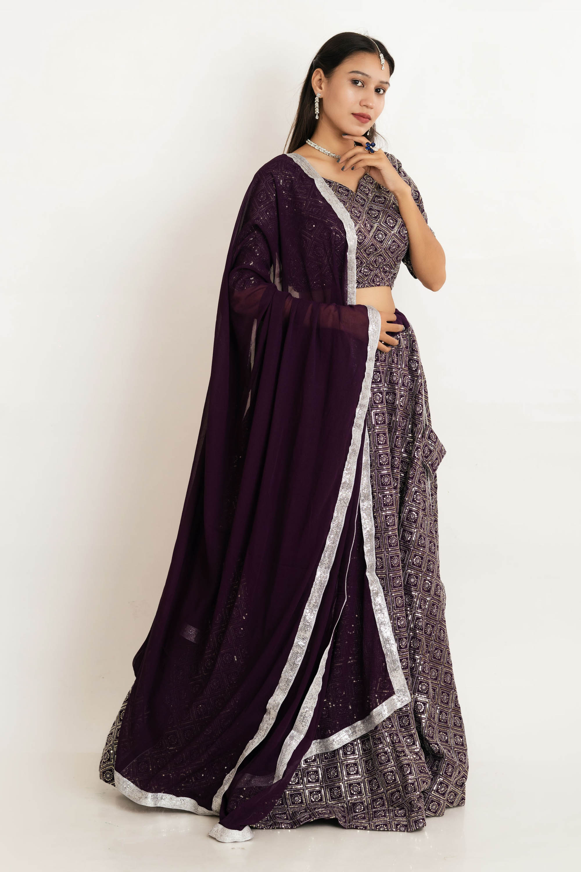 Wine Short Georgette Sequence Lehenga