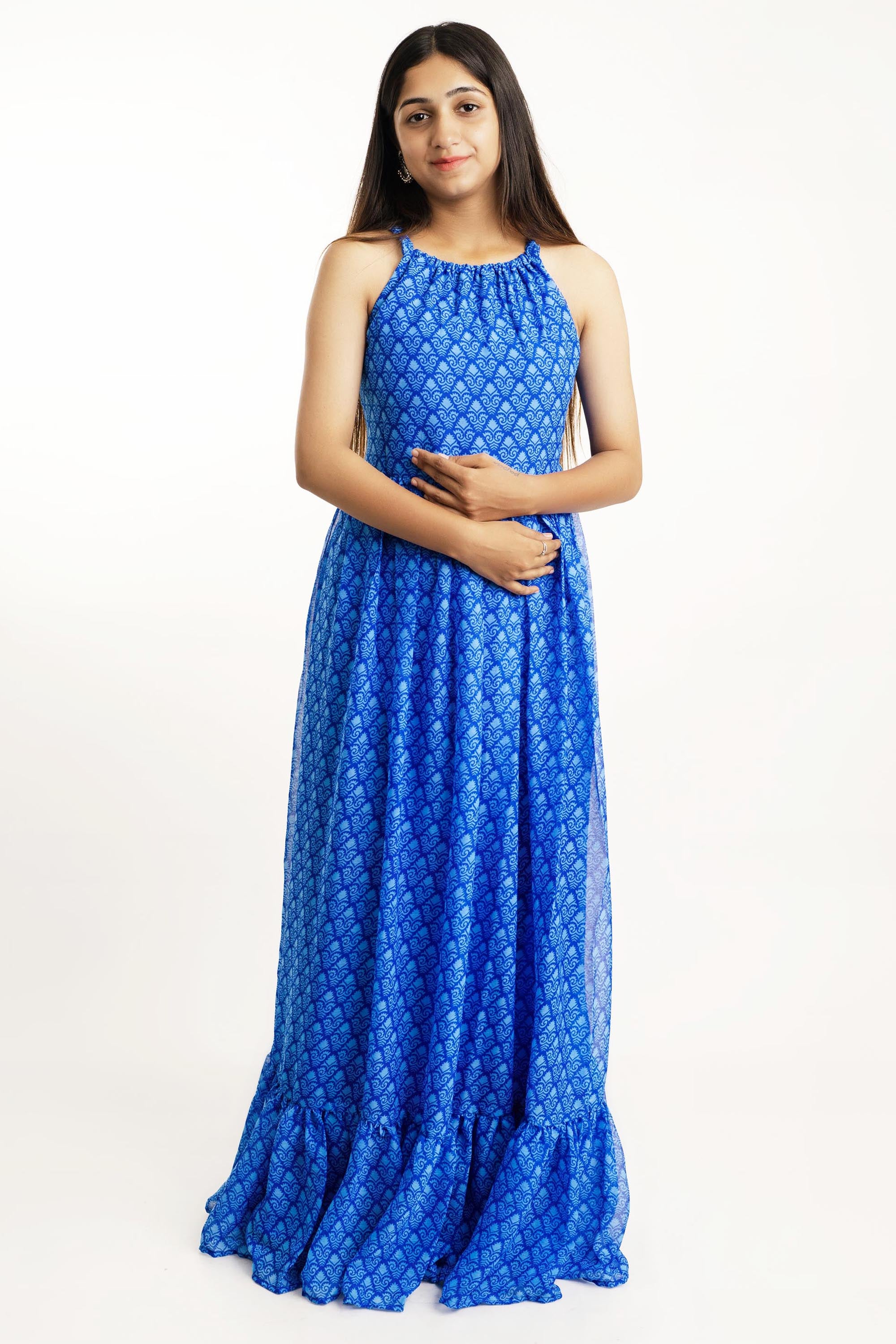 Blue Sleeveless Georgette Maxi Dress