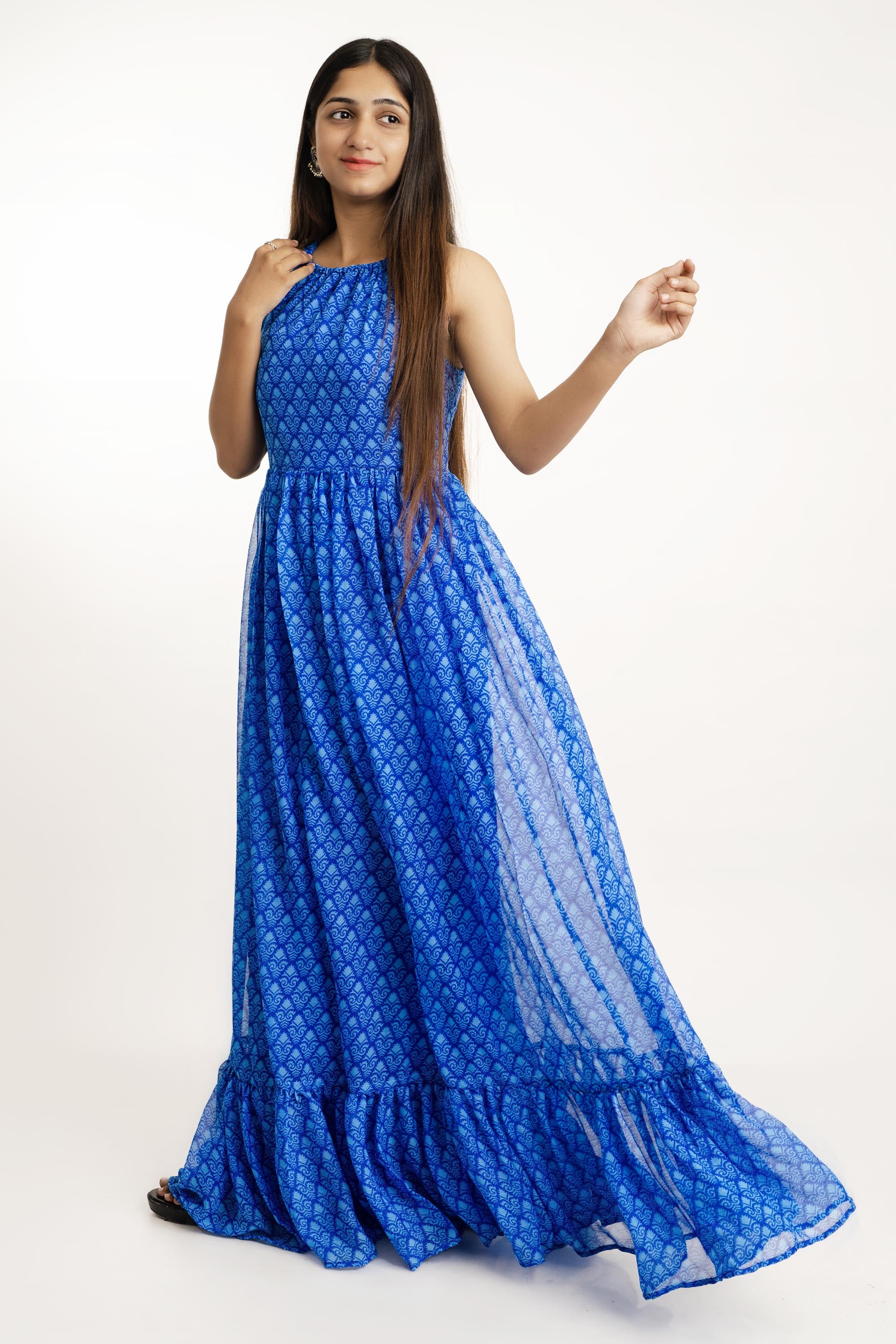 Blue Sleeveless Georgette Maxi Dress