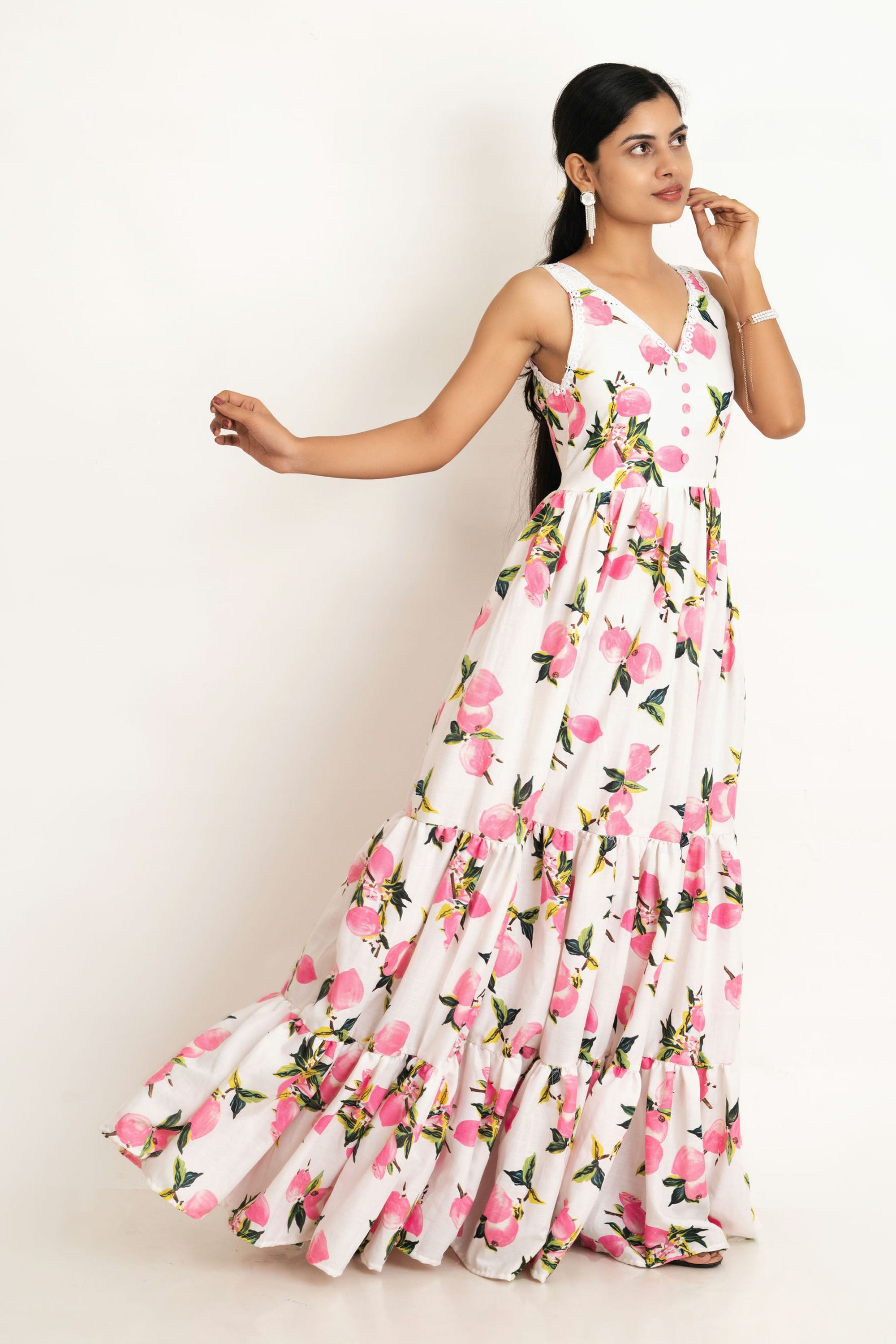 White Cherry Flower Cotton Maxi Dress