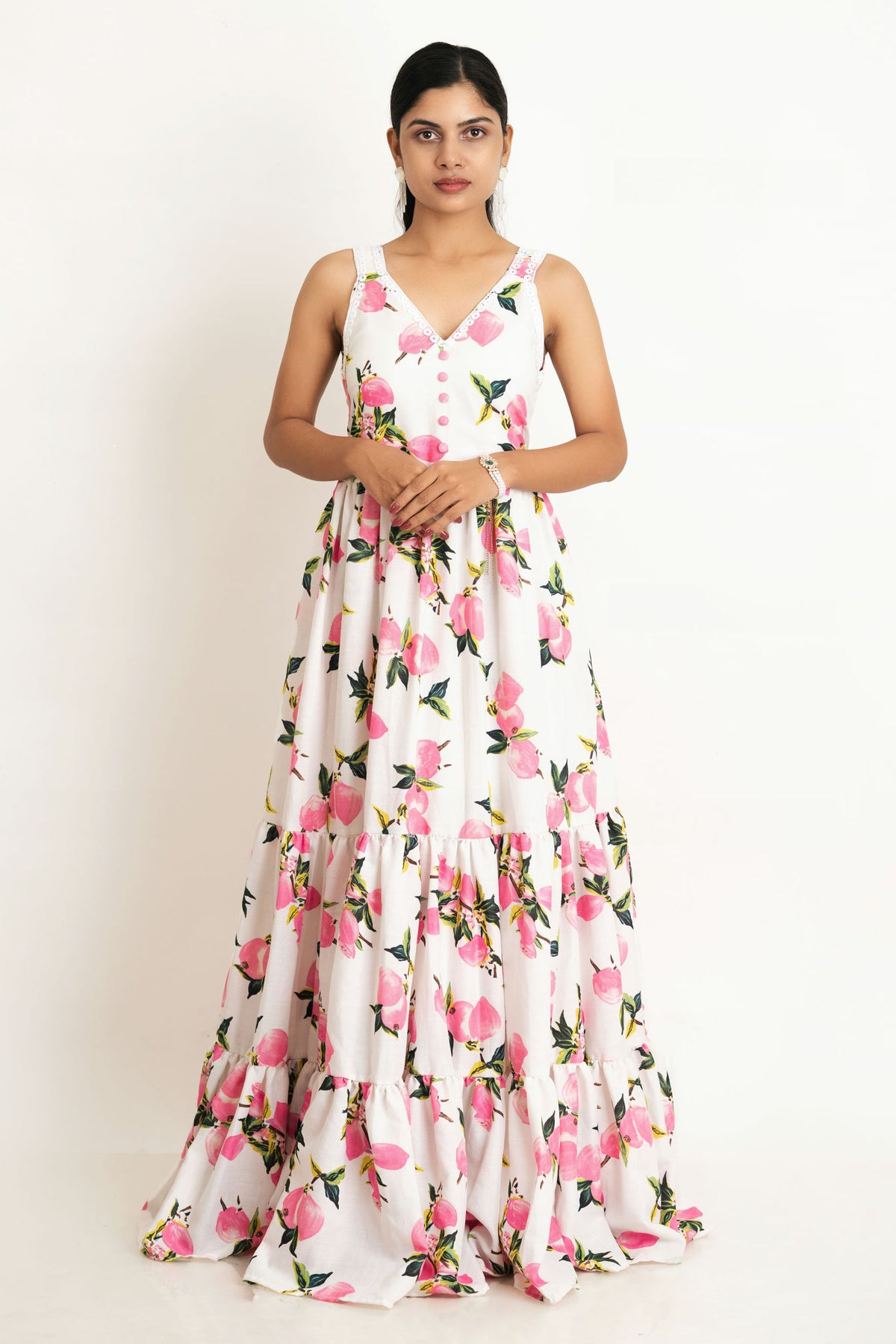 White Cherry Flower Cotton Maxi Dress