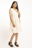 Off White Cotton Chikan Cut Sleeves Short Dress