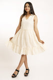 Off White Cotton Chikan Cut Sleeves Short Dress