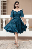 Blue Off-Shoulder PC Cotton Short Dress