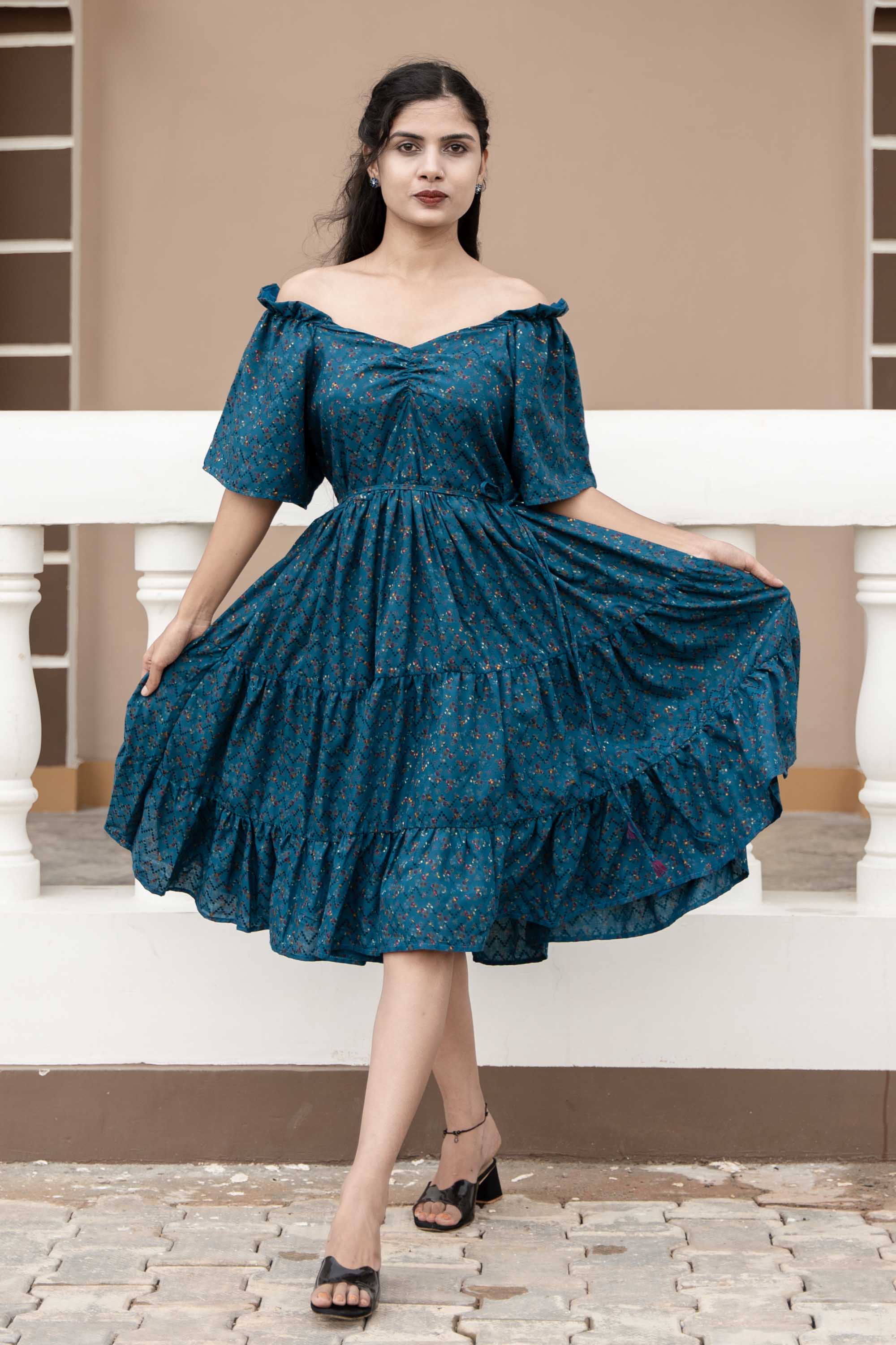 Blue Off-Shoulder PC Cotton Short Dress