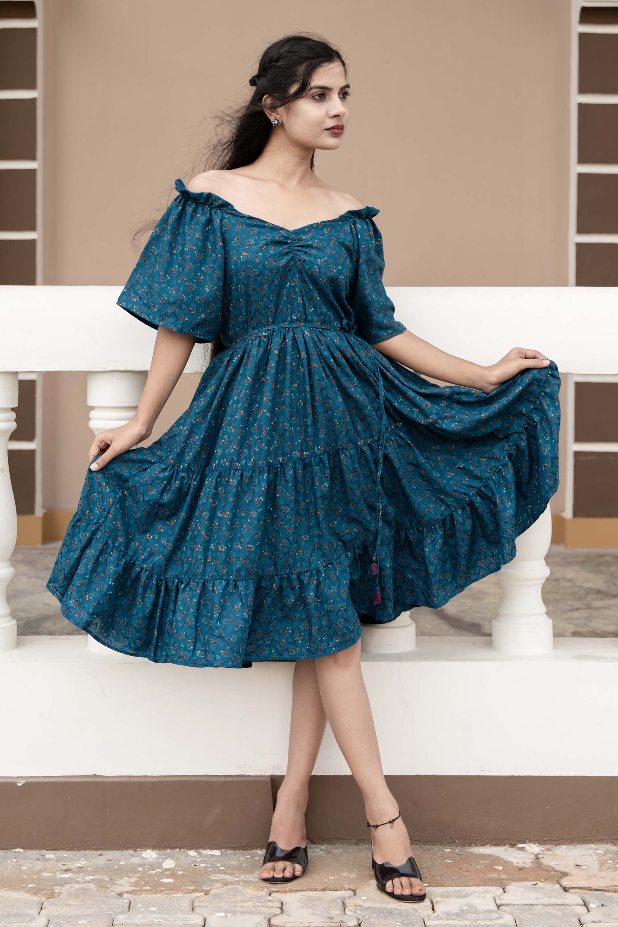 Blue Off-Shoulder PC Cotton Short Dress