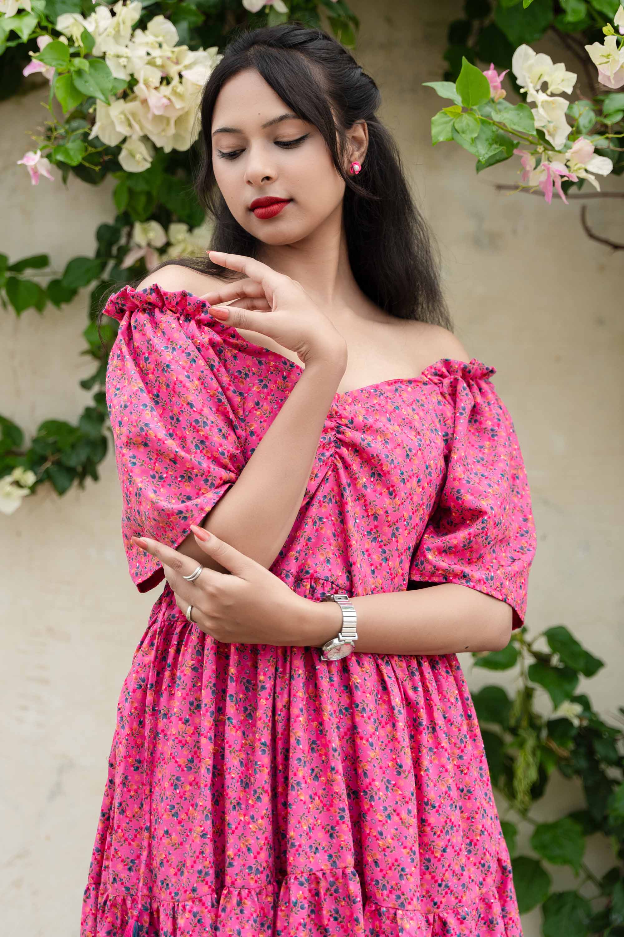 Pink Off-Shoulder PC Cotton Short Dress