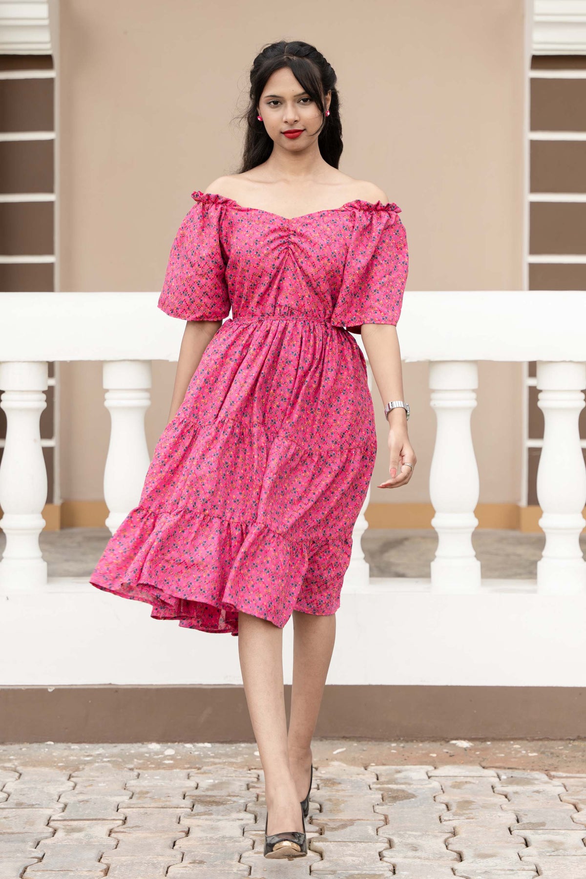 Pink Off-Shoulder PC Cotton Short Dress