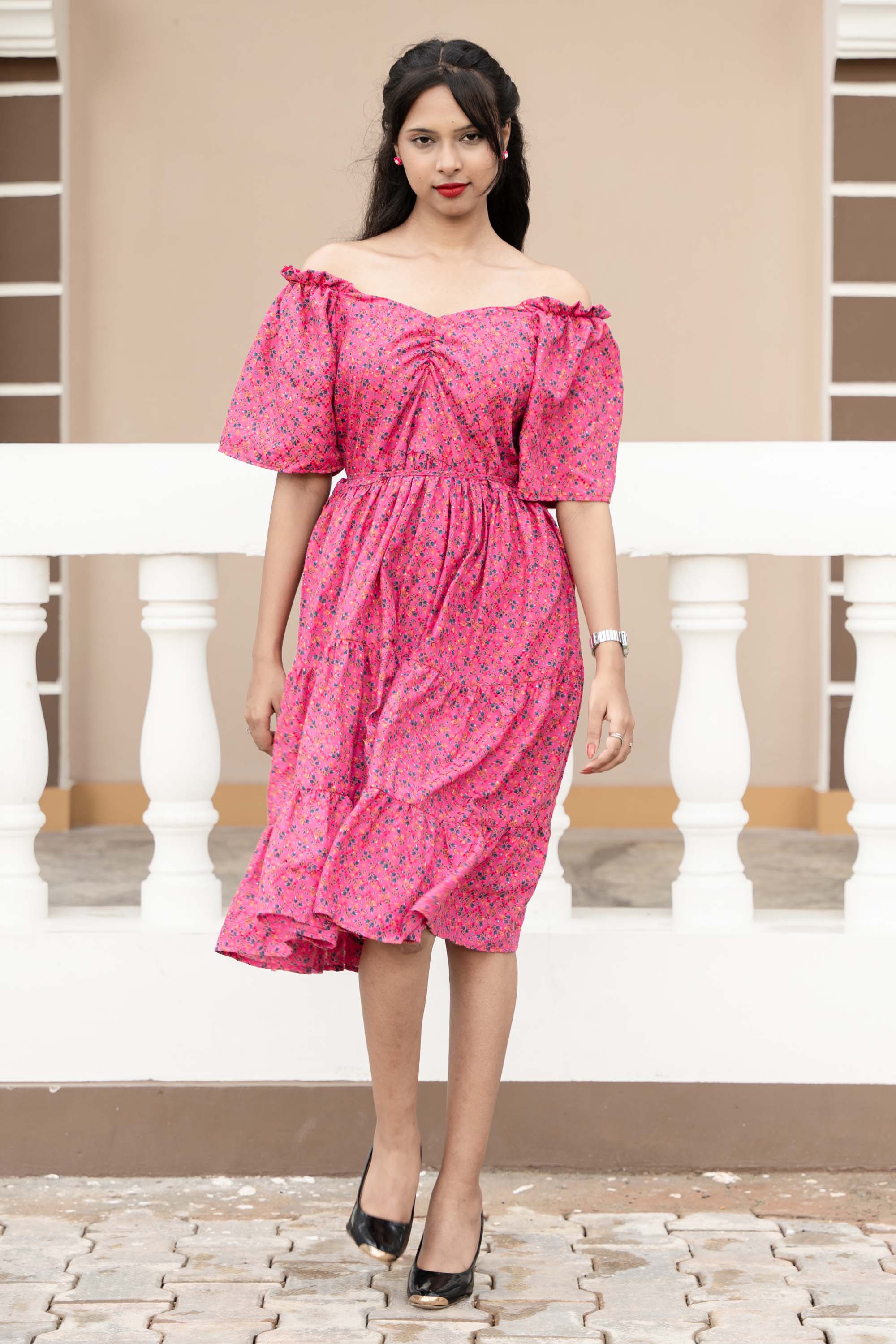 Pink Off-Shoulder PC Cotton Short Dress