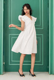 White V-Neck Chikan Cotton Short Dress