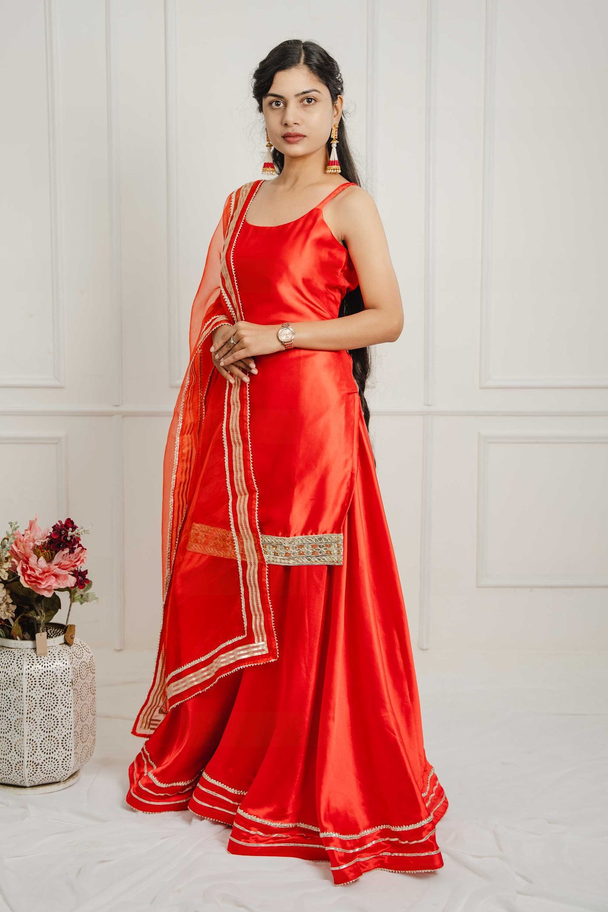 Crimson Elegance Satin Silk Suit Set