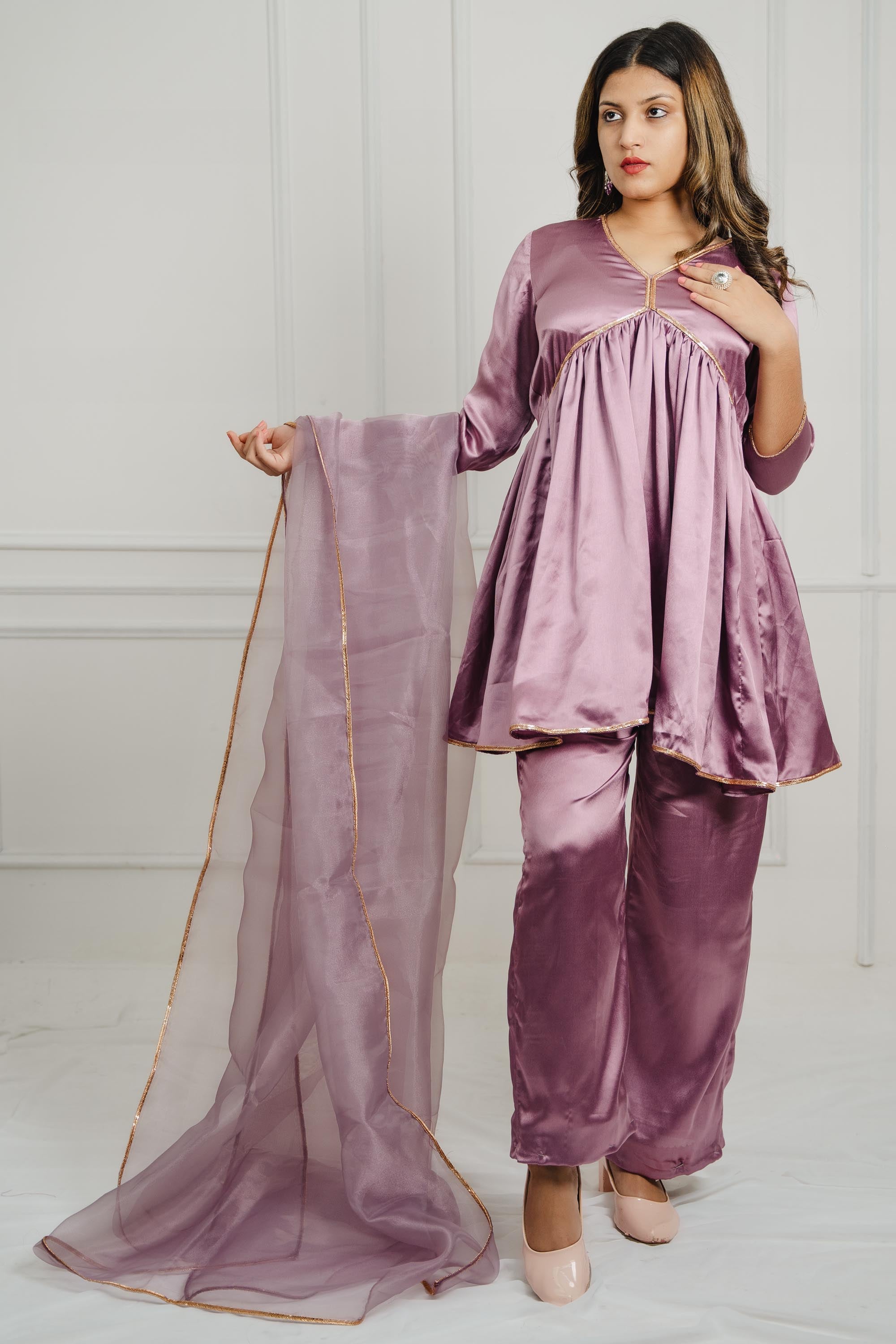 Purple Radiance Satin Silk Suit Set