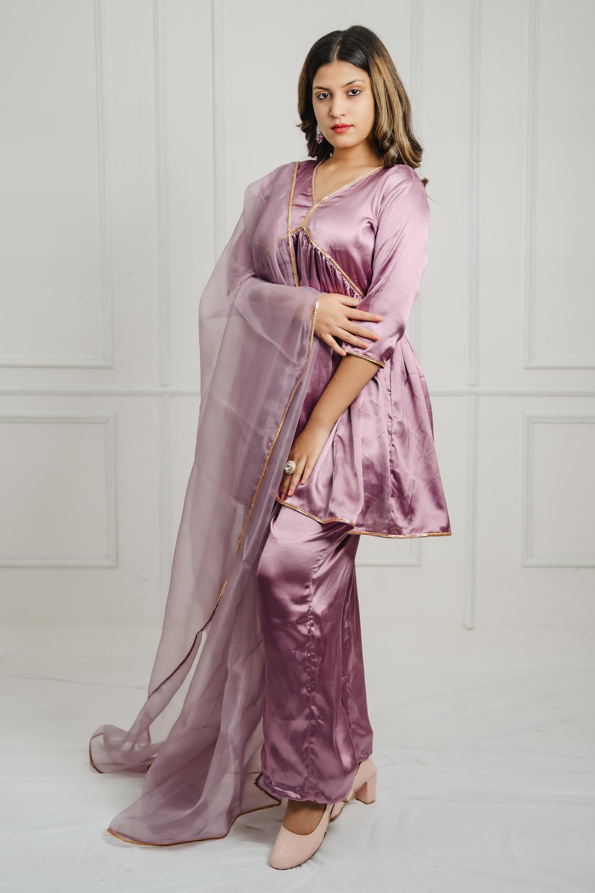 Purple Radiance Satin Silk Suit Set