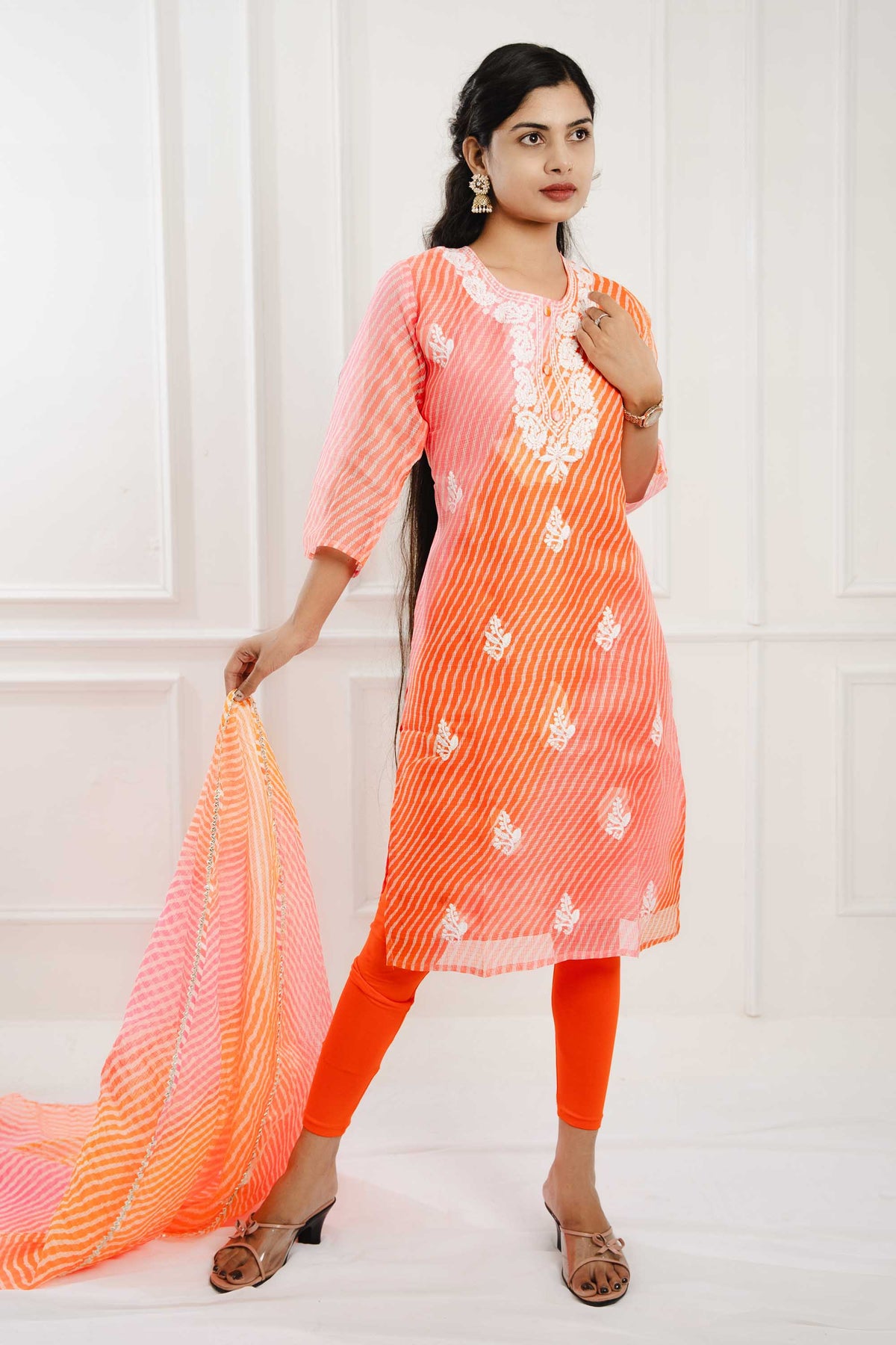 Orange-Pink Shaded Kota Doriya Suit Set