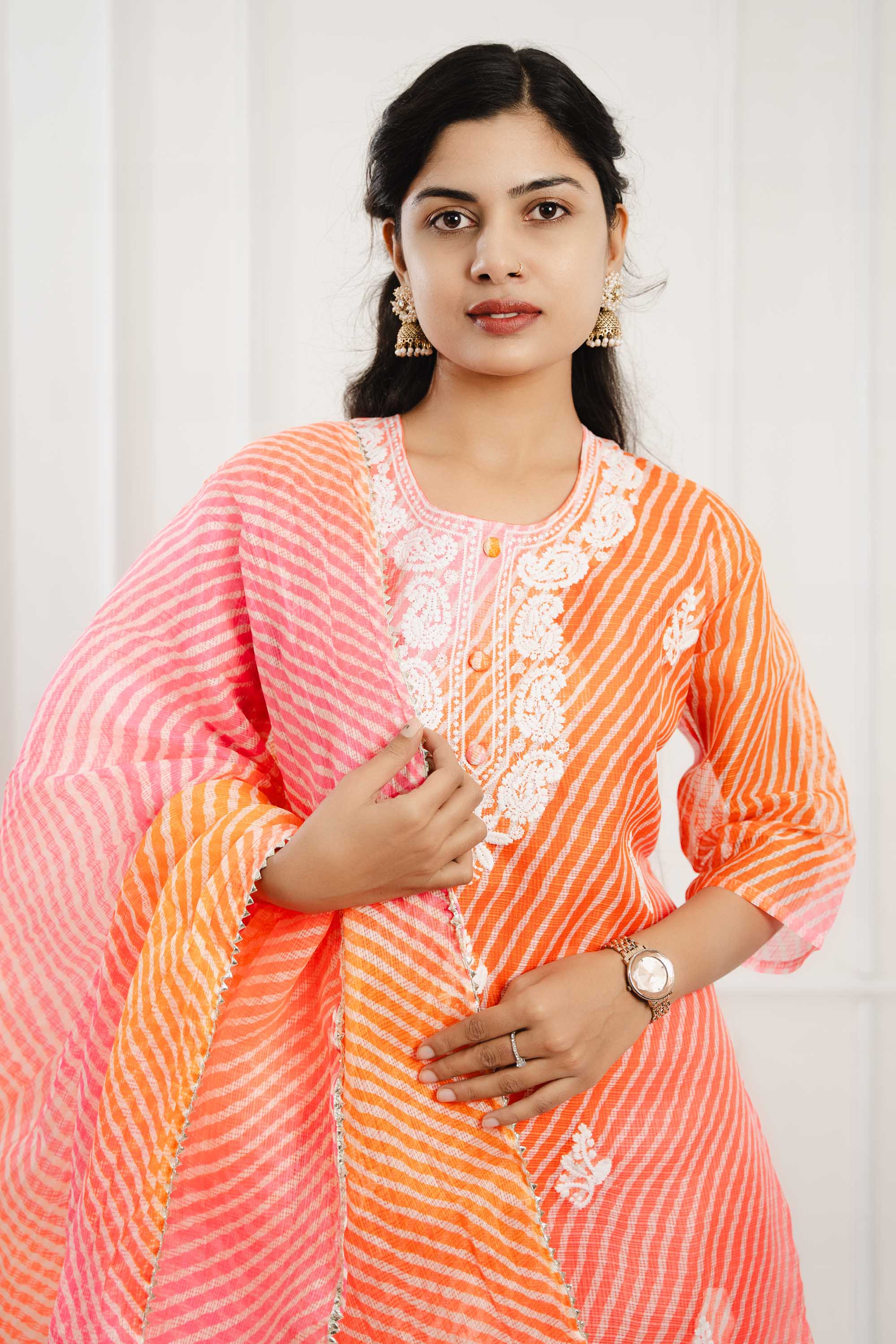 Orange-Pink Shaded Kota Doriya Suit Set