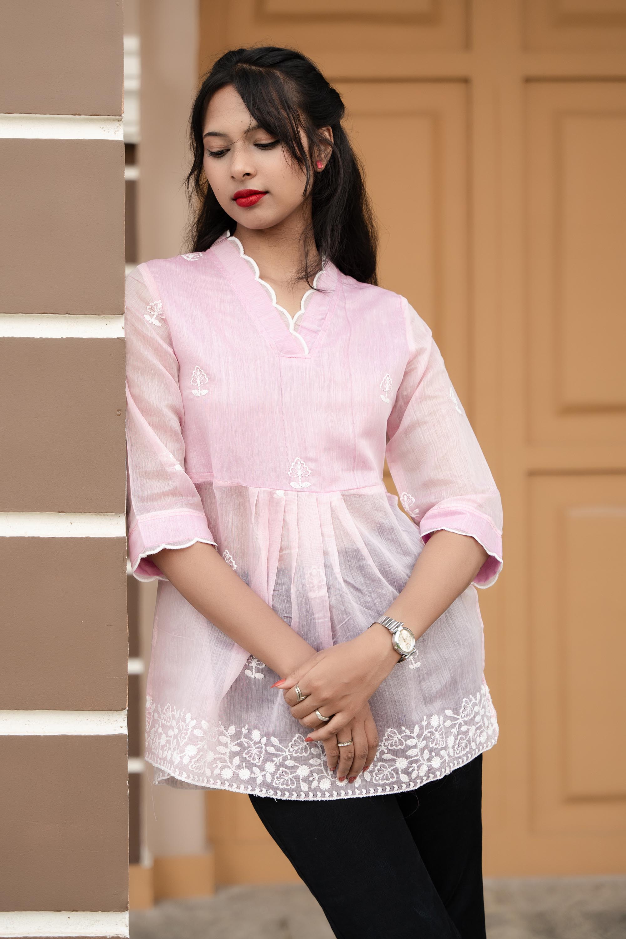 Elegant Baby Pink Cotton Silk Top